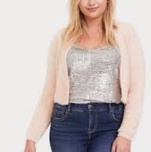 Torrid Fuzzy Pink Knit open front shrug.